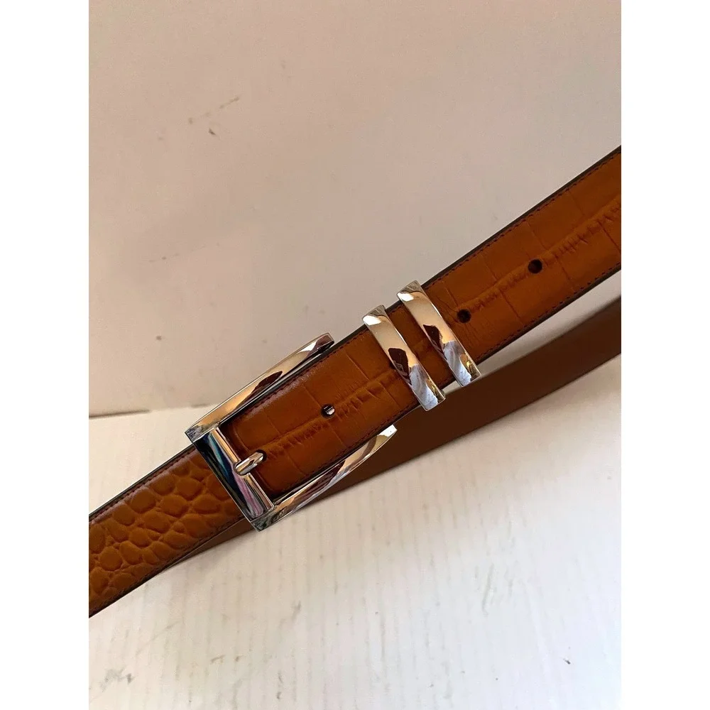 Mens Cognac Brown Crocodile Embossed Leather Belt Silver Buckle grain cowhide